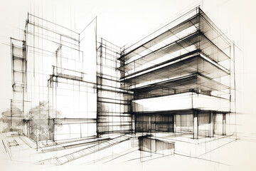 Architectural ink drawing design which is a blue print design by an architect for the construction plan of  business complex for the construction industry, computer Generative AI stock illustration  - obrazy, fototapety, plakaty