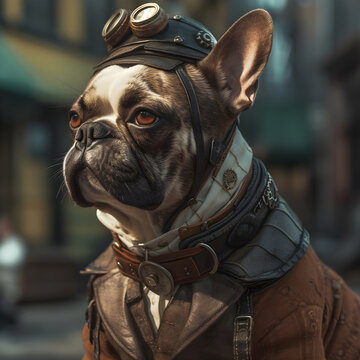 French bulldog in steampunk style. Realistic dog illustration. Generative AI illustration.
