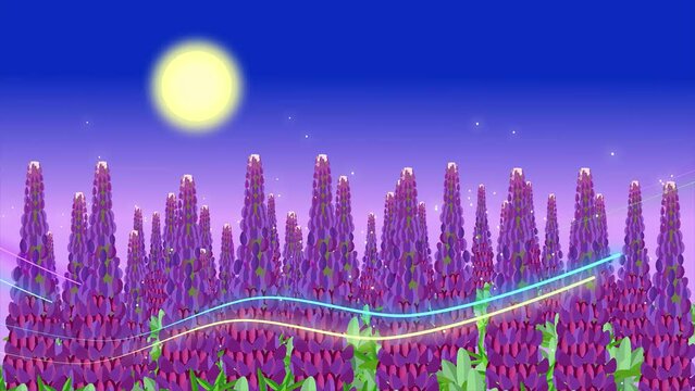 Fantasy landscape. Field with lilac lupine against the background of the moon and the night sky. Many fireflies rise up. Neon lines flicker in the foreground.