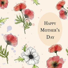 Postcard with poppies. Watercolor Greeting card With red wild poppies and anemones. Mother's Day, invitation, poster.