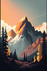 Minimalistic flat design alpine mountain landscape illustration. Generative AI