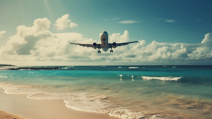 Naklejka premium summer, beach, airplane in the sky. Generative AI.