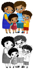 cartoon scene with happy loving family mother father children son and dauhter on white background illustration for children