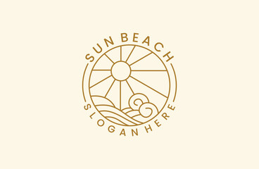 Ocean Sun Wave line outline Logo Design Template vintage vector .
