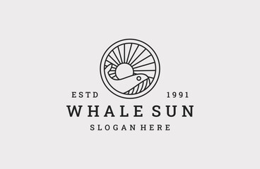 circle whale humpback logo vector illustration design, cute whale fish line art logo design