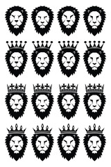 Set of line art vector logo icon symbols of Lion head or face with and without crown in black and white