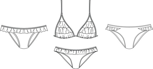 Girls and women sustainable swimwear, technical drawing, template, sketch, flat, mock up. Recycled PA, Recycled PES, Lycra fabric swimwear front view, white color