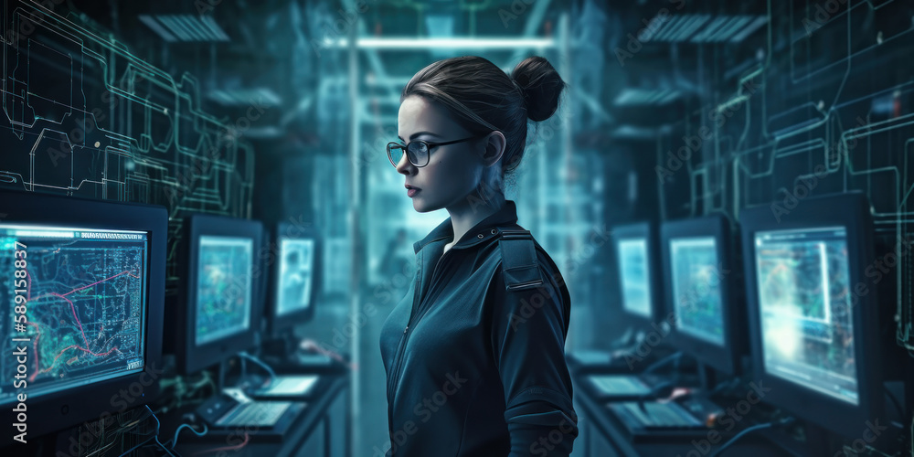 Poster expert it engineer overseeing futuristic science data center. generative ai