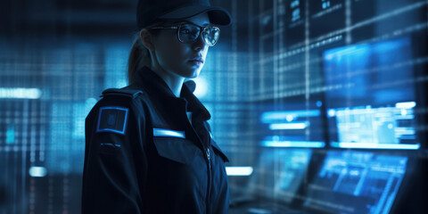 Fototapeta premium Woman IT Specialist guard virtual threats in a futuristic data center. Generative AI