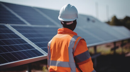 Fictional Person, Harnessing the Power of the Sun: Worker Near Solar Panels in Daylight , generated by IA 