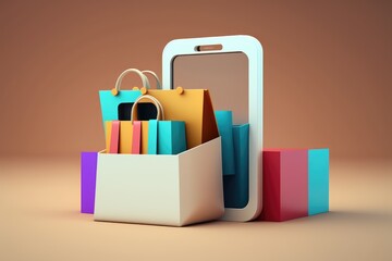Smartphone with shopping bags on a brown background
