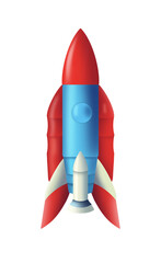 Cartoon rocket space ship illustration on transparent background. Toy spaceship in retro style. Rocket in red and blue colors. PNG element.