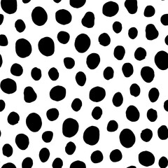 Seamless neutral polka dots pattern. Black hand-drawn circles isolated on white background. Abstract Random points ornament. Vector illustration for wallpaper, fabric, print, wrapping paper, textile