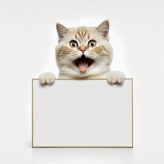 ai generated illustration Funny cat portrait looking shocked or surprised  holding a blank placrd