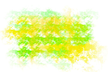 Obraz na płótnie Canvas Illustration of mixed stains of yellow and green paint in sponge technique. Spots of paint with smudges and splashes on transparent background. Grunge backdrop or overlay. PNG element.