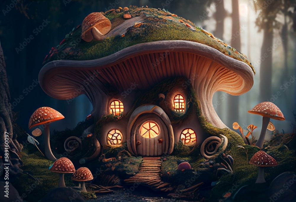 Wall mural Fabulous house inside mushrooms in a magical forest. Fantasy Mushrooms, illustration for the book cover. Amazing landscape of nature. 3d illustration. Generative AI