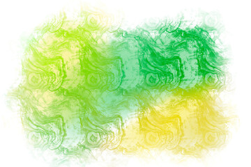 Illustration of mixed stains of yellow and green paint in sponge technique. Spots of paint with smudges and splashes on transparent background. Grunge backdrop or overlay. PNG element.