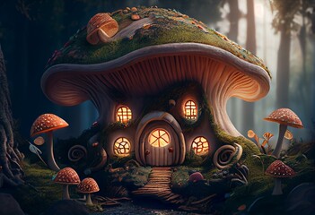 Fabulous house inside mushrooms in a magical forest. Fantasy Mushrooms, illustration for the book cover. Amazing landscape of nature. 3d illustration. Generative AI