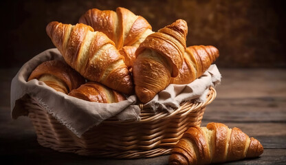 Basket of delicious fresh croissants on wooden background. Based on Generative AI