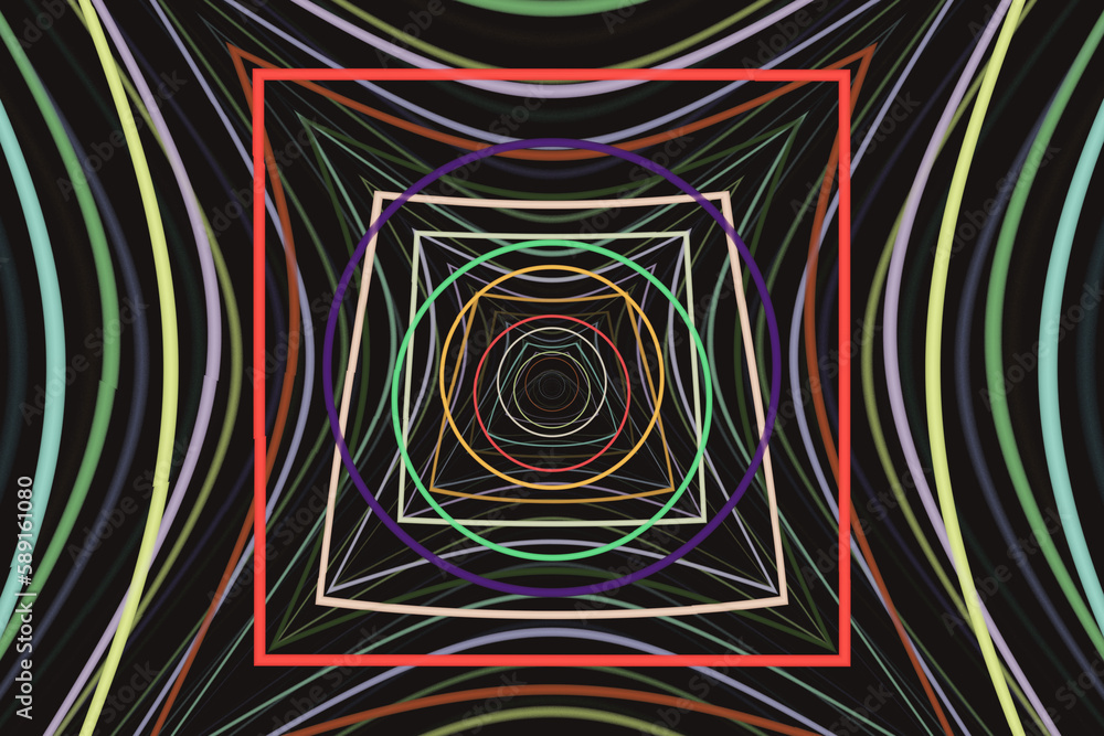 Aufkleber multi-colored square motley pattern of curved lines on a black background. abstract fractal 3d rende