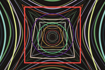 Multi-colored square motley pattern of curved lines on a black background. Abstract fractal 3D rendering