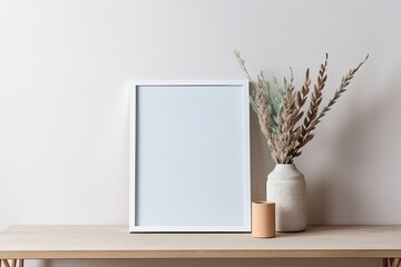Blank picture frame on wall in modern interior. Artwork template mock up in interior design. View of modern boho style interior with plant in trendy vase - Generative AI