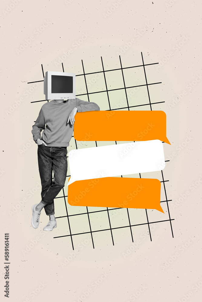 Fototapete vertical collage image of black white colors guy pc display instead head empty space dialogue bubble