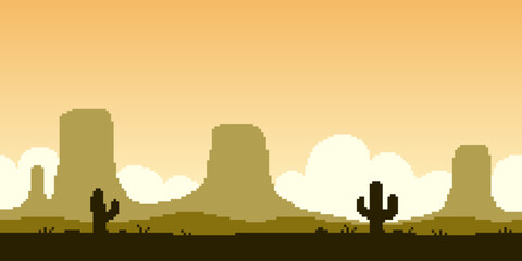 Fototapeta premium Colorful simple vector pixel art horizontal illustration of landscape of the Great American Desert with rocks and cacti in retro platformer style