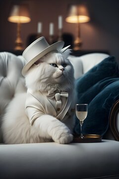 Beautiful fluffy posh cat in a white suit and a white hat, sitting as a human on a modern couch in a beautiful living room, holding a glass of wine, Generative AI
