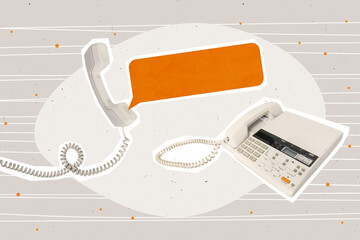 Creative collage portrait of retro cable handset telephone fax machine empty space dialogue...