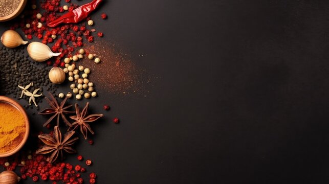 Copyspace background with spices as decor. Wallpaper template created using generative AI Tools.