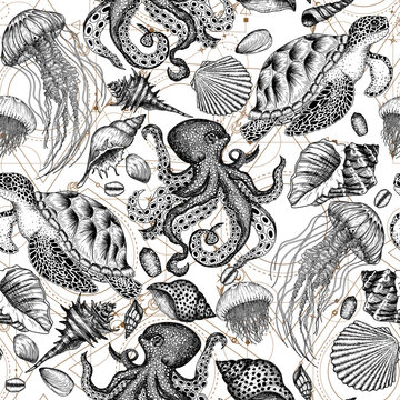 Seamless vector patten marine inhabitants in engraving style. Octopus, sea turtle, jellyfish, shells on a geometric background