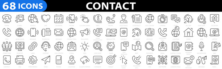Contact 68 icon set. Chat, support, message, phone, e-mail, phone, address, customer service, call, website and more. Contact Us web icons. Vector illustration