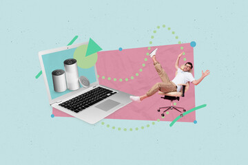Creative collage portrait of astonished mini guy sit chair big netbook screen pile stack money...