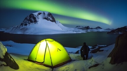 Camping in the mountains in iceland at night with polar lights view - Generative AI 