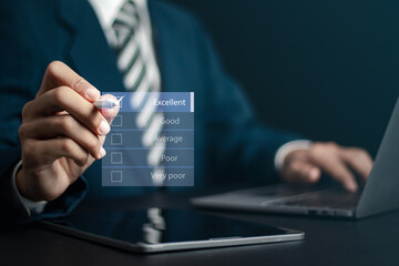 Customer service satisfaction concept. Businessman ticking excellent checkboxes in customer service satisfaction survey form on virtual interface.