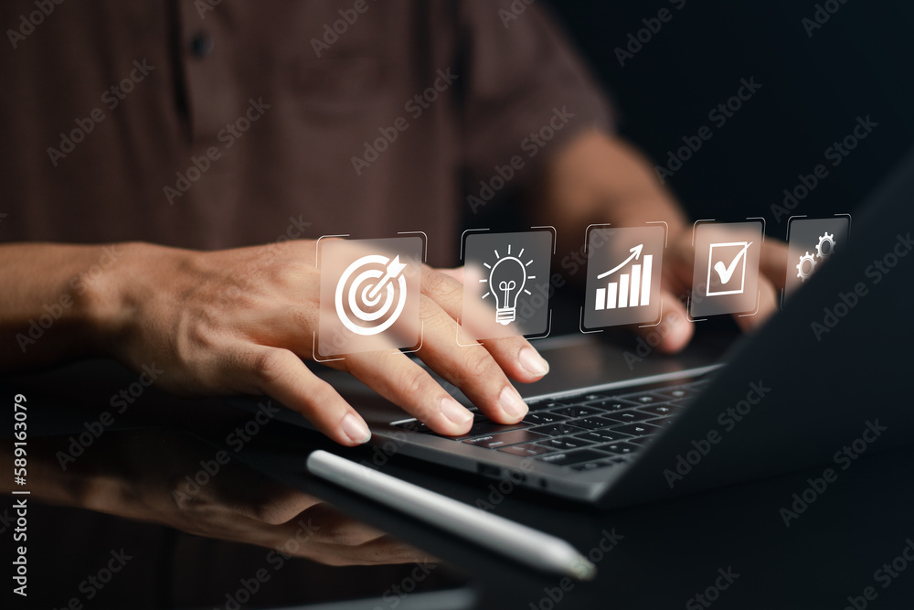 Poster concepts of setting goals and developing business guidelines for success. businessman analyzing cust