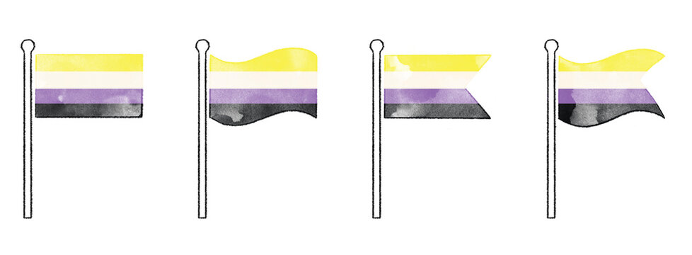 Hand drawn non binary transgender flag watercolor paint ink texture illustration vector set symbol icon yellow white purple black rainbow trans pride flag of LGBT organisation LGBTQ inclusive