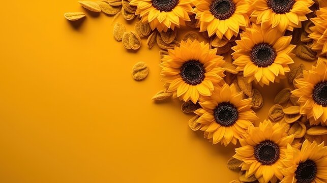 Copyspace background with sunflower decor. Wallpaper template created using generative AI Tools.