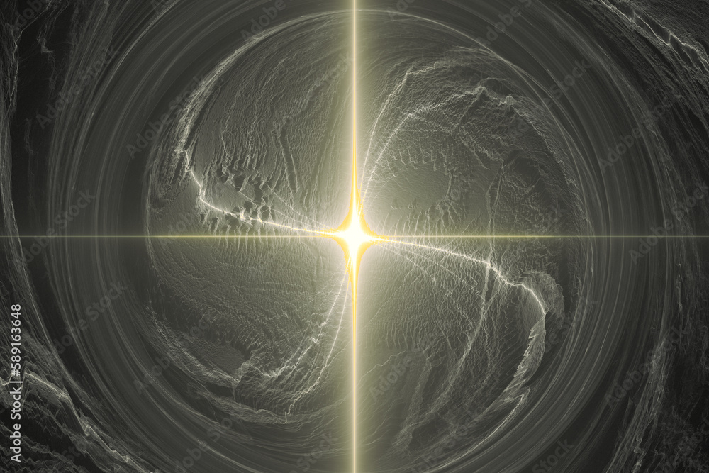 Aufkleber yellow gray swirling luminous pattern of crooked waves and rays on a black background. abstract frac