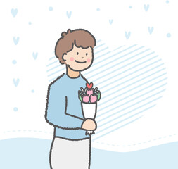 Illustration of boy celebrating Happy Valentine's Day, a boy holding flowers