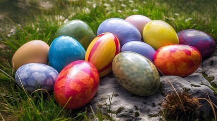 Colored easter eggs on a lawn with rocks. Green Lawn, colored Easter Eggs, Rocks. Created using generative AI