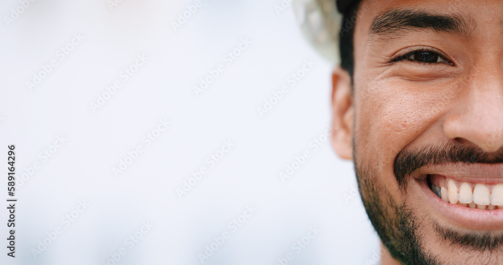 Aufkleber Face of construction manager smiling and wearing hardhat while standing outside on site with copy space. Closeup of happy civil engineer worker doing maintenance and repair work for building project
