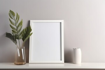 Blank picture frame on wall in modern interior. Artwork template interior design. View of modern scandinavian style interior with plant in trendy vase - Generative AI