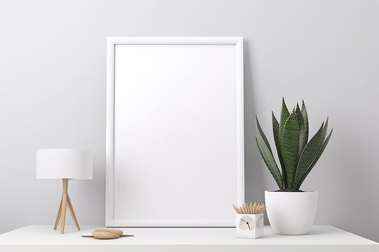 Blank picture frame on wall in modern interior. Artwork template interior design. View of modern scandinavian style interior with plant in trendy vase - Generative AI