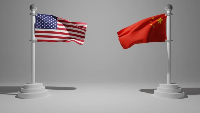USA flag and China flag on a flagpole fluttering in the wind with a white background and free space for text or infographics