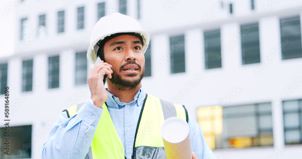 Poster Civil engineer on a phone call while at a construction site discussing a strategy and plan to work on. Close up portrait of confident architect talking with building in the background and copy space