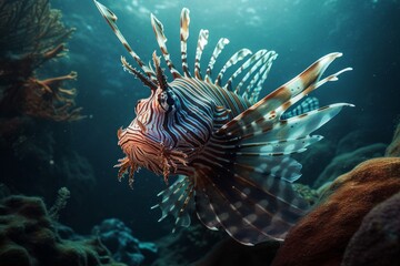 Naklejka na ściany i meble Illustration of a colourful tropical lionfish swimming in a coral reef created with Generative AI technology
