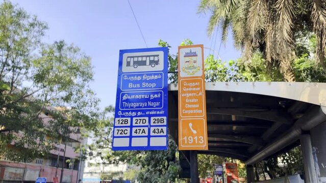 CHENNAI, TAMIL NADU, INDIA - FEB 2023 - MTC Bus Stop at Tyagaraja Nagar. A typical bus stop in Chennai with names of the bus numbers that stops at the Bus Stop