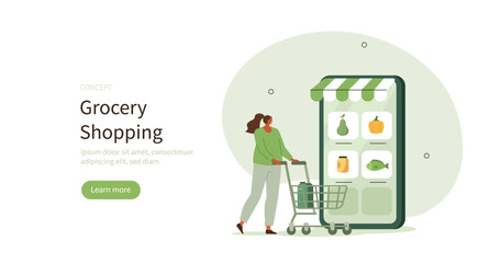 Grocery buying. Character pushing shopping cart and choosing different types of groceries on mobile phone screen. E-commerce concept. Vector illustration.
